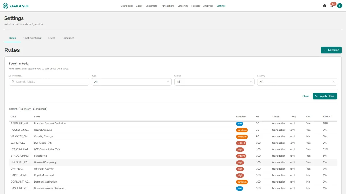 Settings, Rules, listing all eleven rules with severity, priority, whether they are on, and match rate