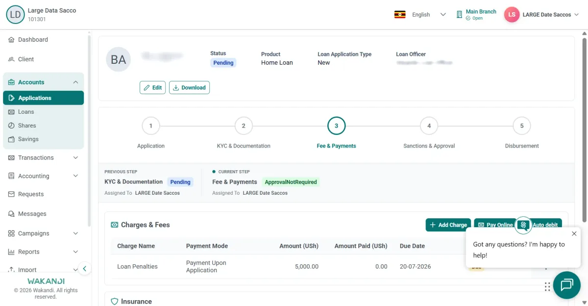 Fee and Payments step showing the Charges and Fees table with Add Charge, Pay Online and Auto debit