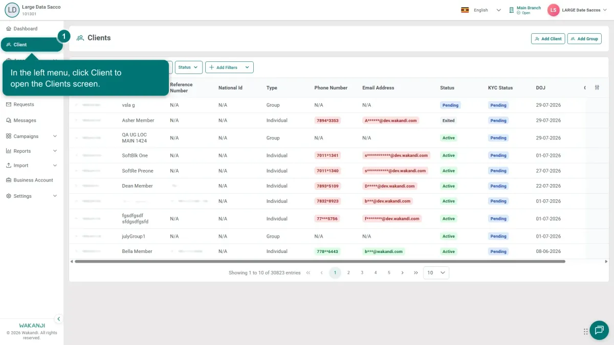 The Clients screen, with Client highlighted in the left menu