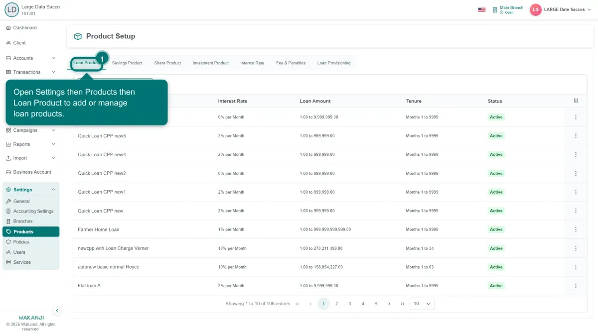 The Product Setup page open on the Loan Product tab, listing existing loan products with their interest rate, amount range and tenure
