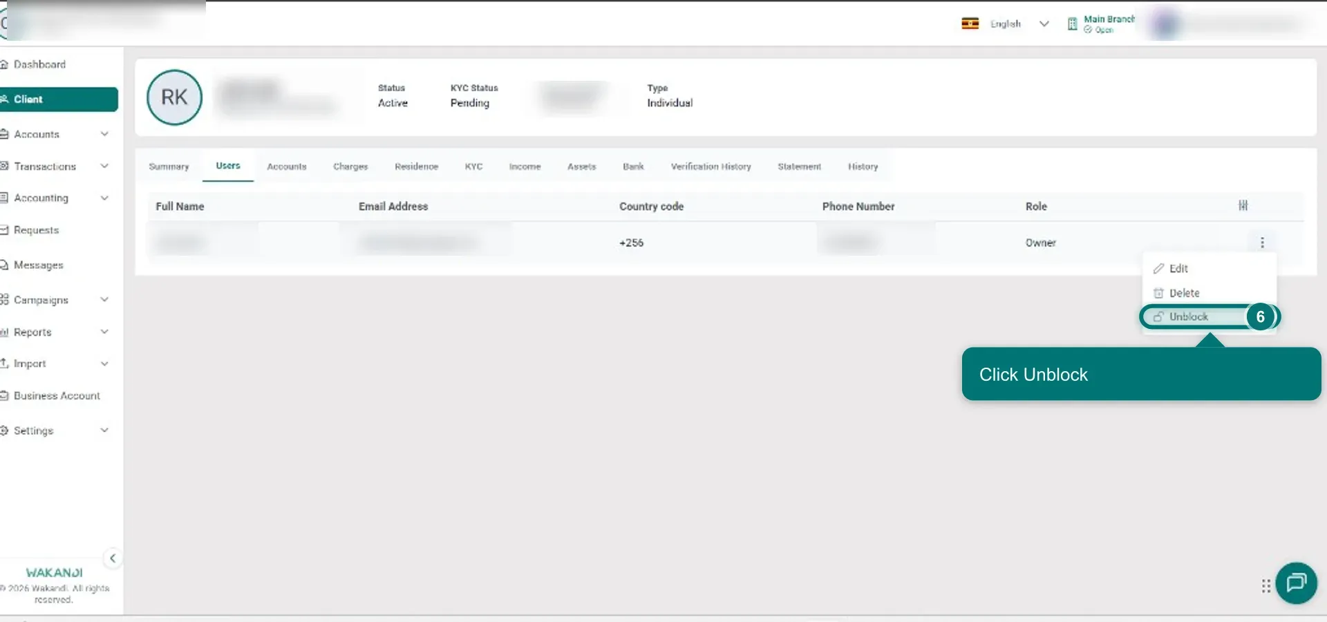 The Users tab on a client's record with the three-dot menu open and Unblock highlighted
