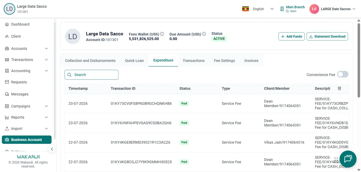 Expenditure tab listing paid service fee charges per member, with the Convenience Fee toggle switched off