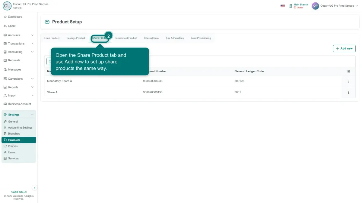 The Share Product tab under Product Setup, where you add the share types members can buy
