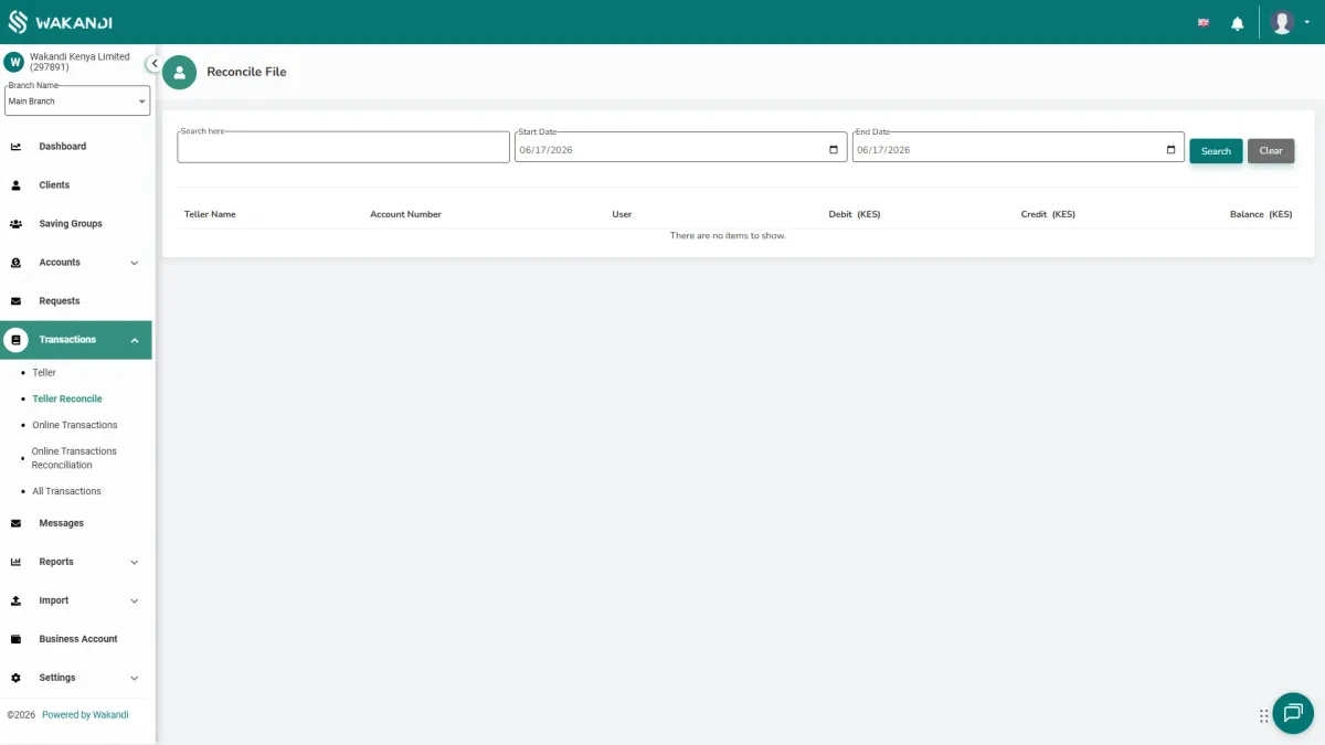 The Teller Reconcile report: search a date range to check each teller's Debit, Credit and closing Balance
