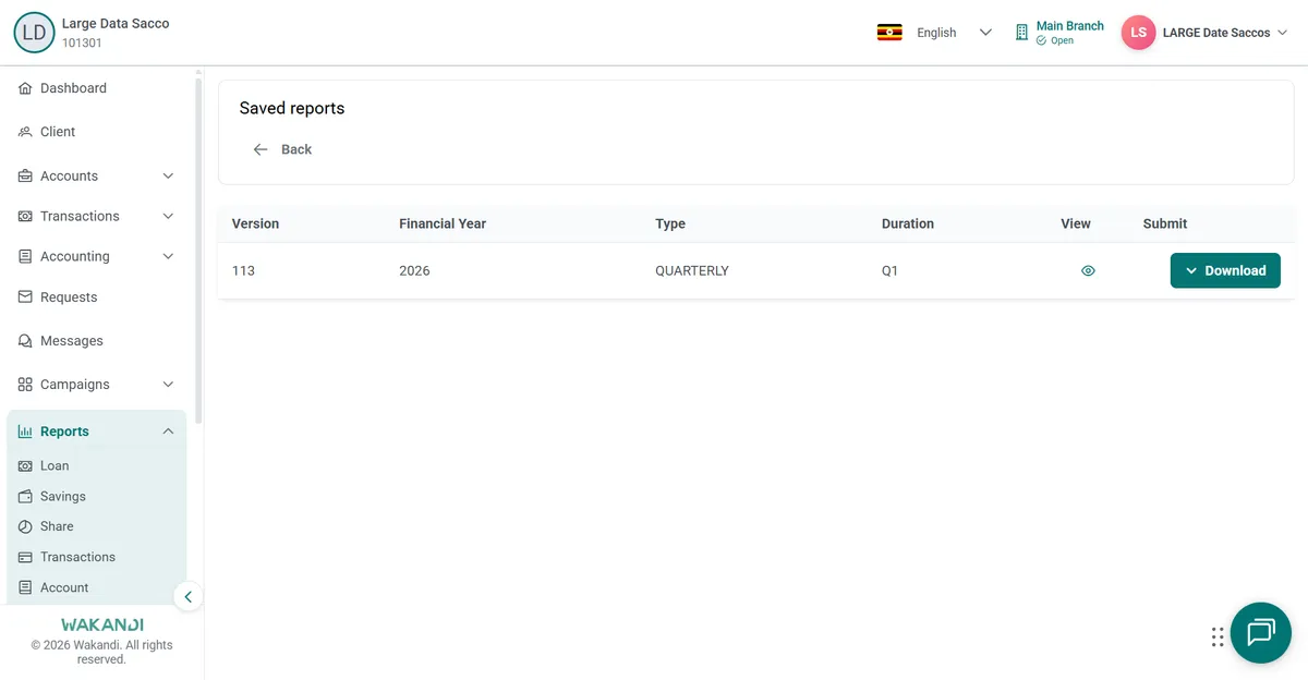 Saved reports list showing one stored quarterly version for 2026 with View and Download actions