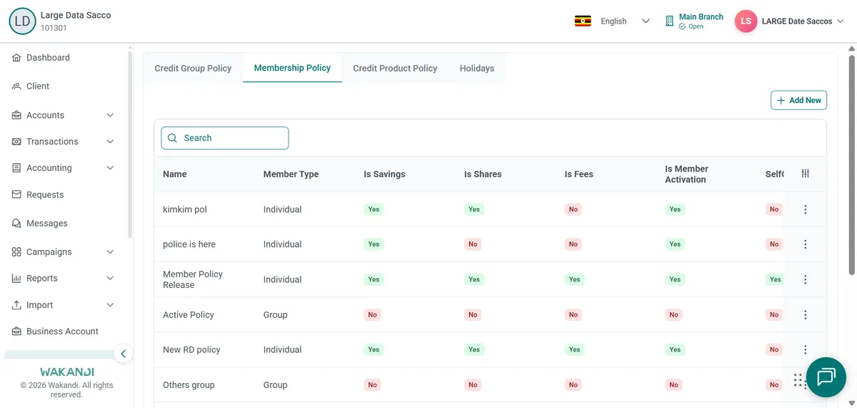 Policies page on the Membership Policy tab listing policies with member type, savings, shares and fees