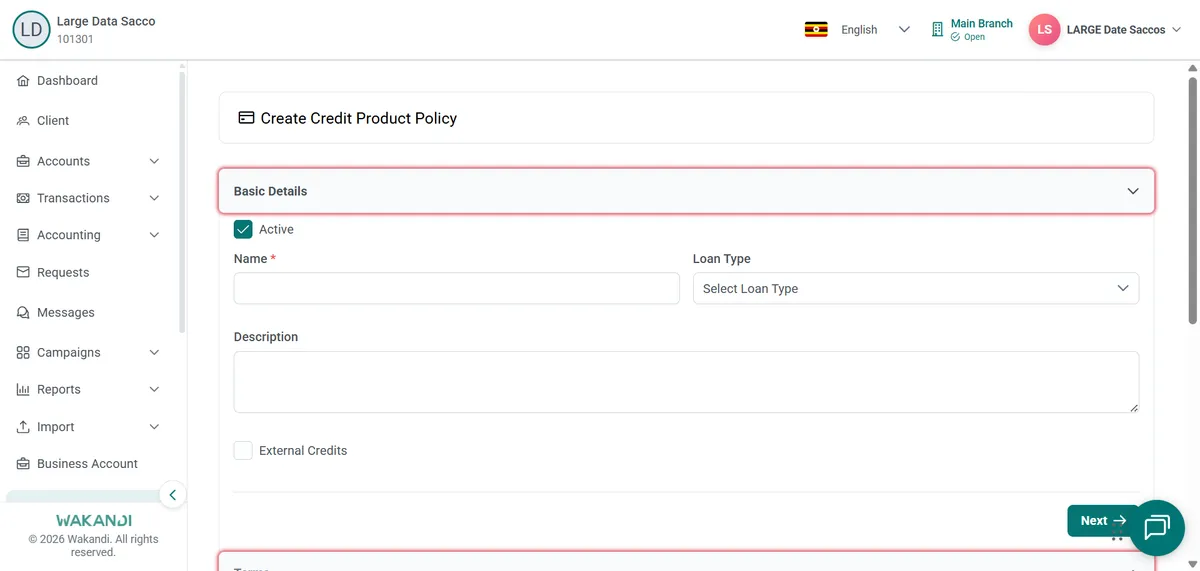 Create Credit Product Policy form open on Basic Details with Active, Name, Loan Type and Description