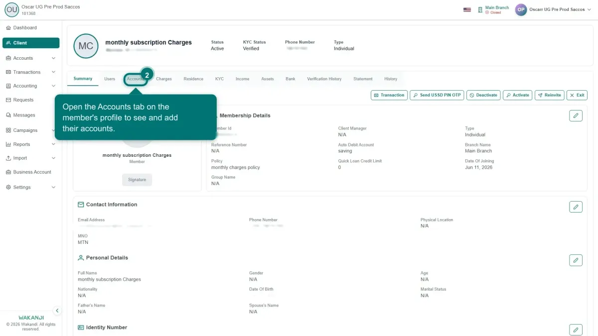 The member profile tab bar, with the Accounts tab