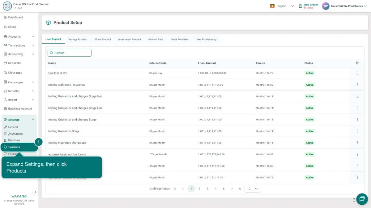 The Product Setup page on the Loan Product tab, with Settings expanded and Products highlighted in the left menu