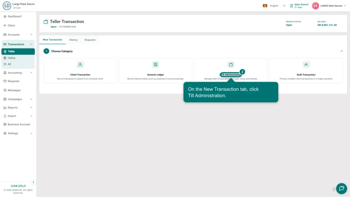 The Choose Category cards on the Teller Transaction screen, with Till Administration highlighted