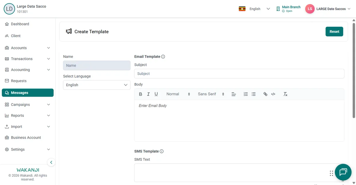 Blank Create Template form with Name, Select Language, email subject and body, and SMS text