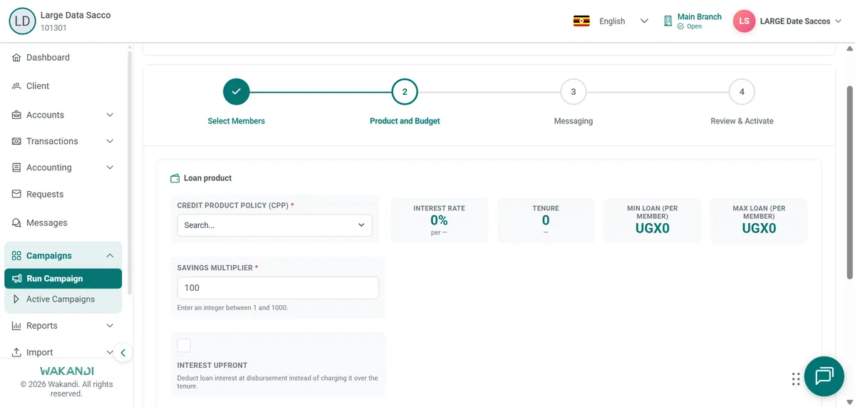 Product and Budget step showing the Credit Product Policy search, read-only loan detail tiles and Savings Multiplier