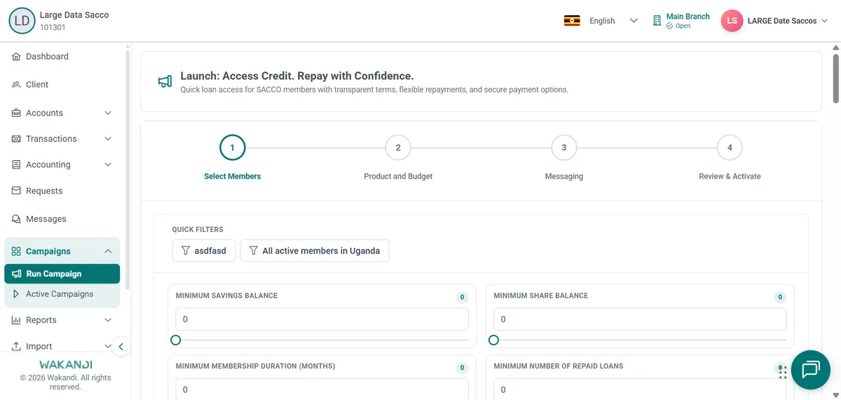 Launch wizard open on Select Members, showing the four-step stepper and member quick filters
