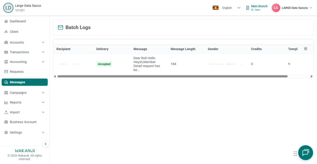 Batch Logs page with a recipient row marked Accepted and a truncated message preview