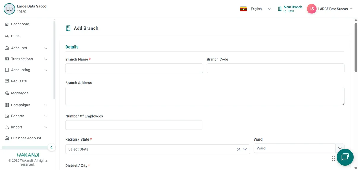 Blank Add Branch form with Branch Name, Branch Code, address and region fields