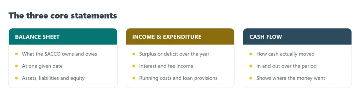 The three core financial statements: balance sheet, income and expenditure, and cash flow